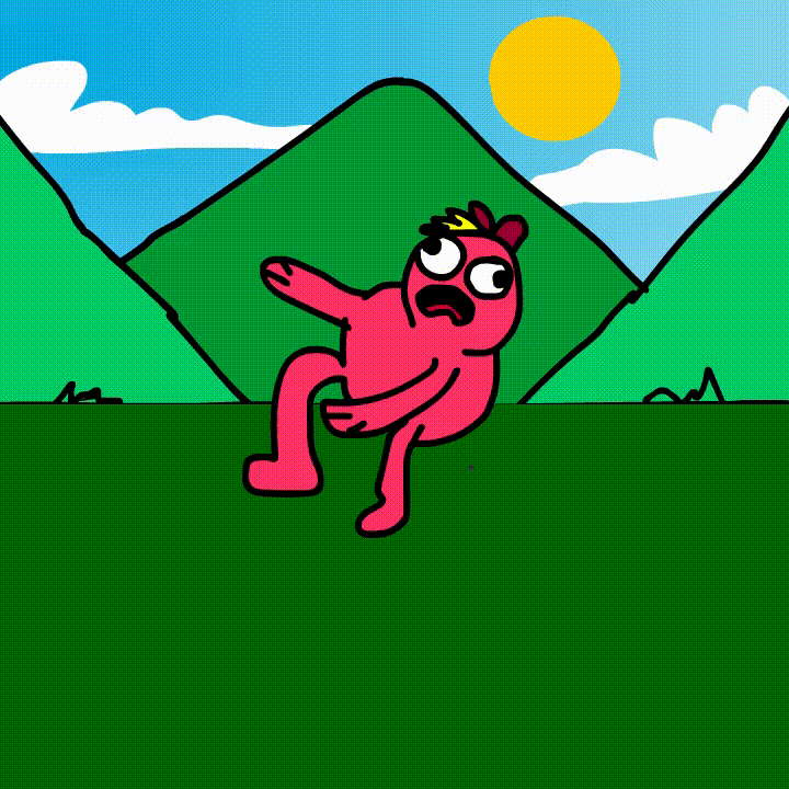 Red cartoon character bouncing across green hills