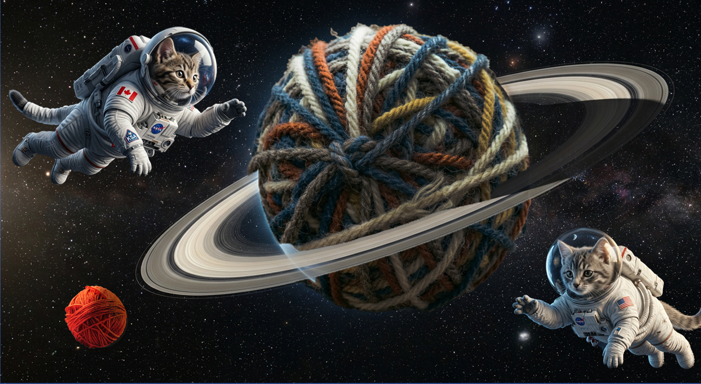 Astronaut cats orbiting a planet made of yarn
