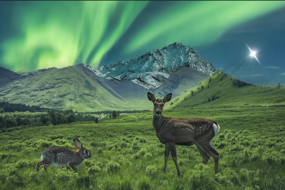 Deer in a field under green northern lights